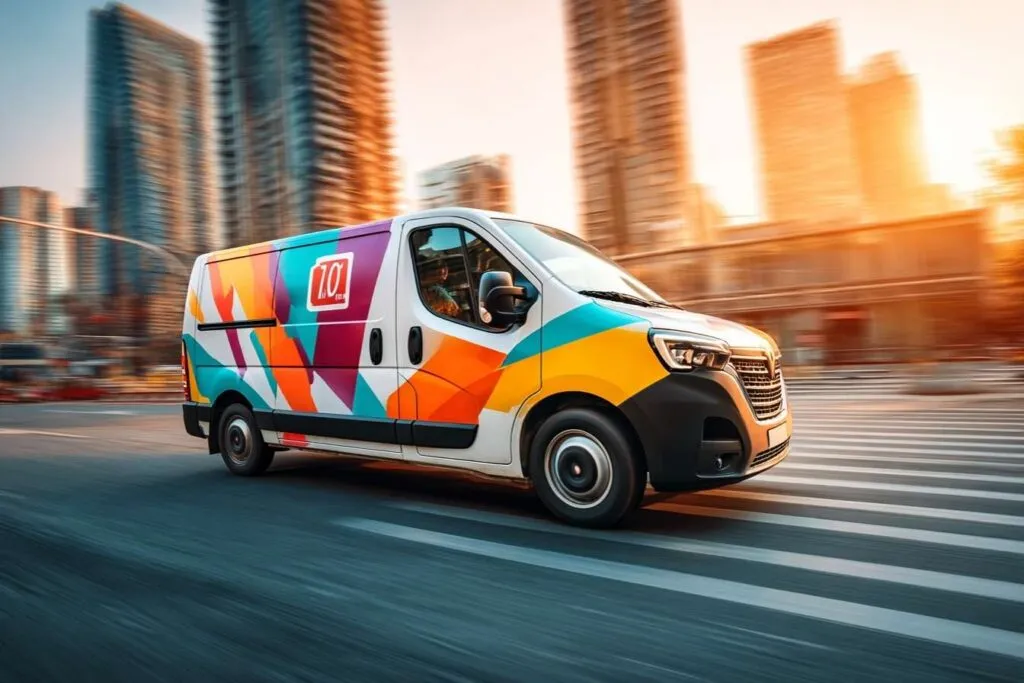 Auto rotulado con vinil promocional mostrando logotipo de empresa y datos de contacto en calles de Monterrey - rotulación de autos en Monterrey