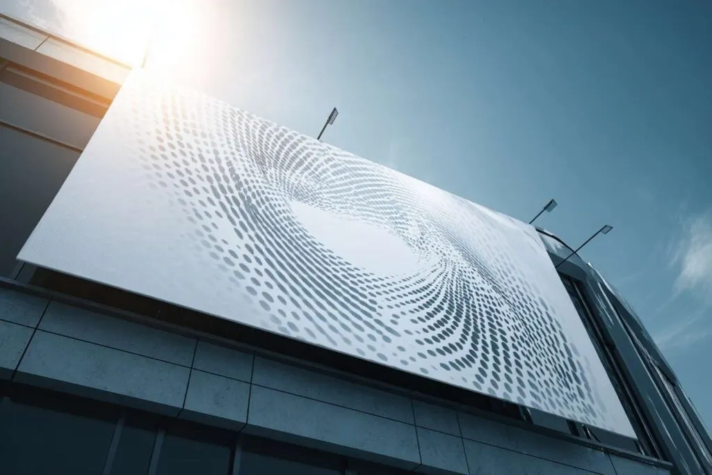 Lona mesh instalada en una fachada de edificio mostrando su diseño y estructura microperforada