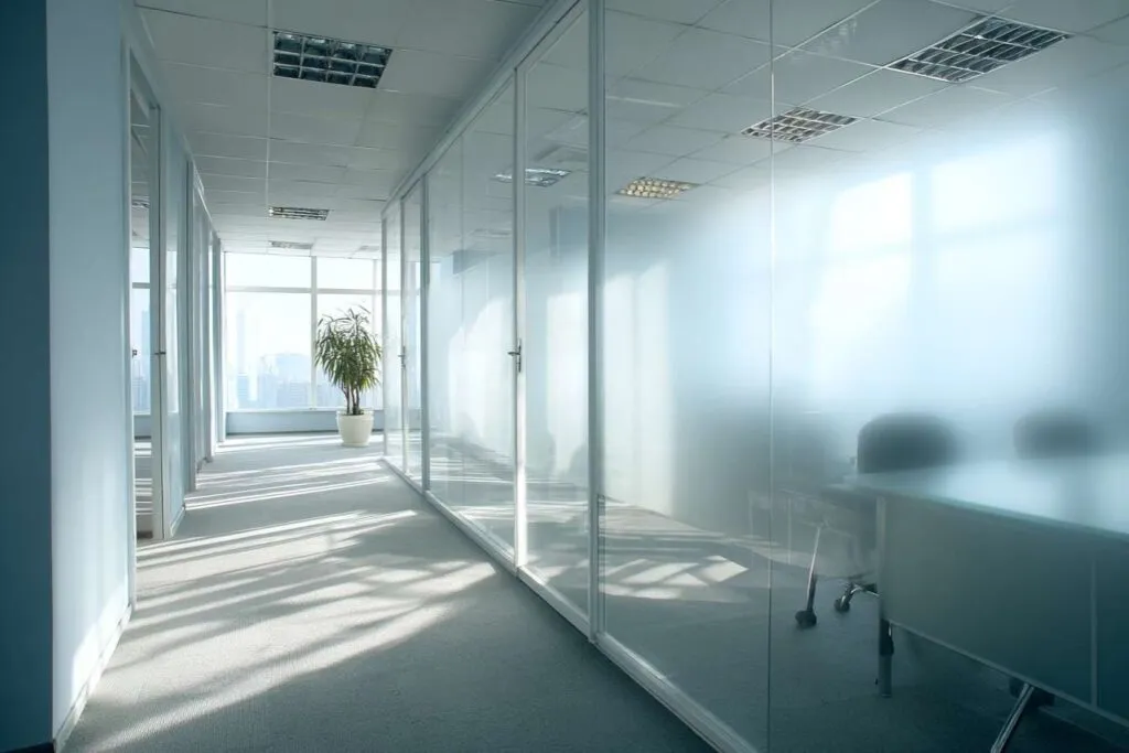 Oficina moderna con vinil esmerilado decorativo en paredes de cristal.