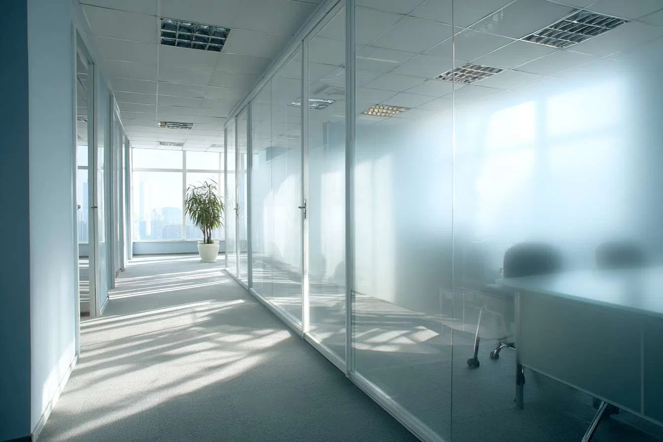 Oficina moderna con vinil esmerilado decorativo en paredes de cristal.