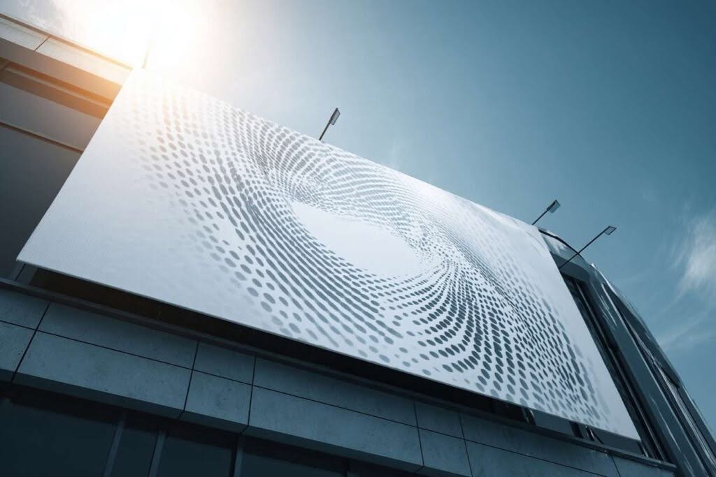 Lona mesh instalada en una fachada de edificio mostrando su diseño y estructura microperforada